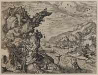 TvB G 0546
<br/>
Christoffel draagt het kind (christus) de rivier over (uit een serie van 16 "landschappen")
<br/>
<em>Cock, Hieronymus (1510 - 1570)</em>
